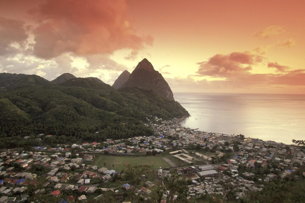 Download Sunset View of the Pitons and Soufriere, St Lucia