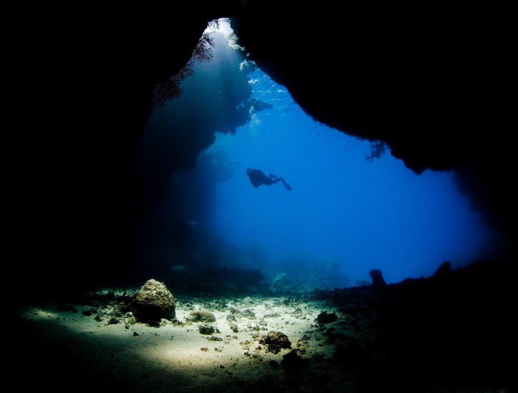 Scuba diving diver ocean sea underwater cave wallpapers