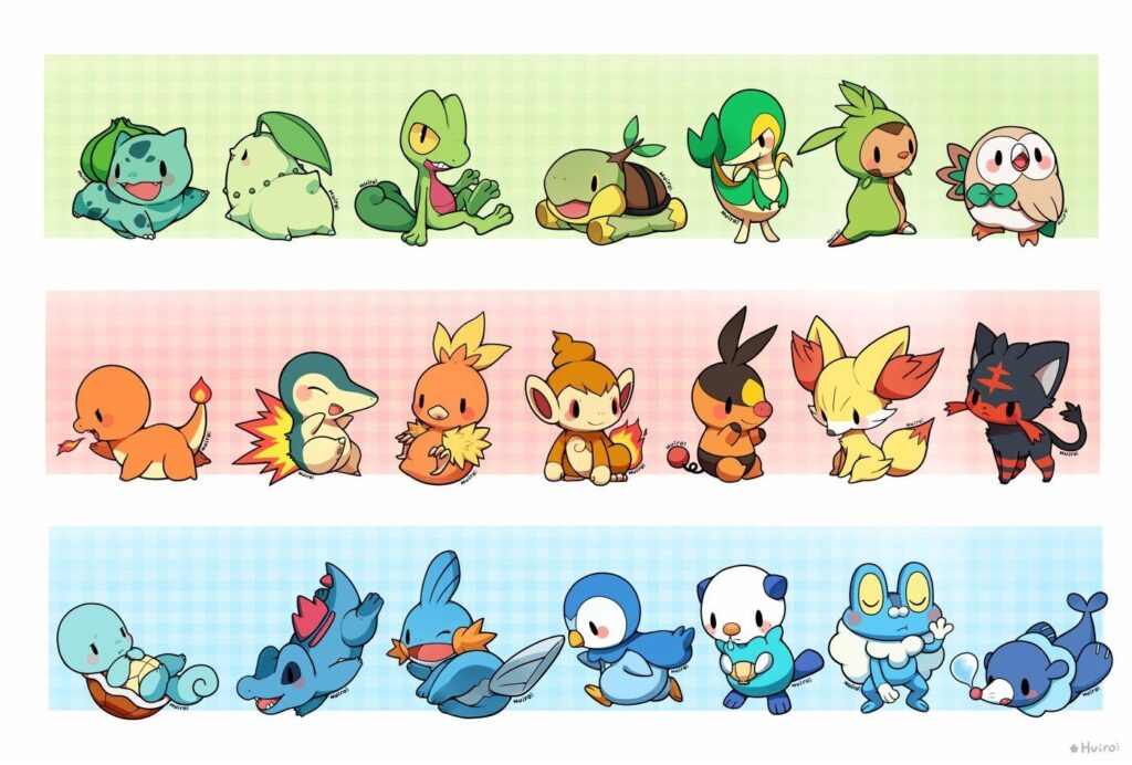 Bulbasaur charmander chespin chikorita chimchar cyndaquil fennekin