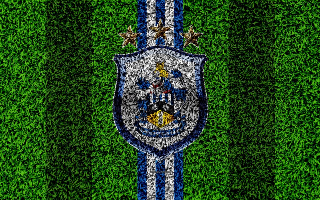 Download wallpapers Huddersfield Town AFC, k, football lawn, emblem
