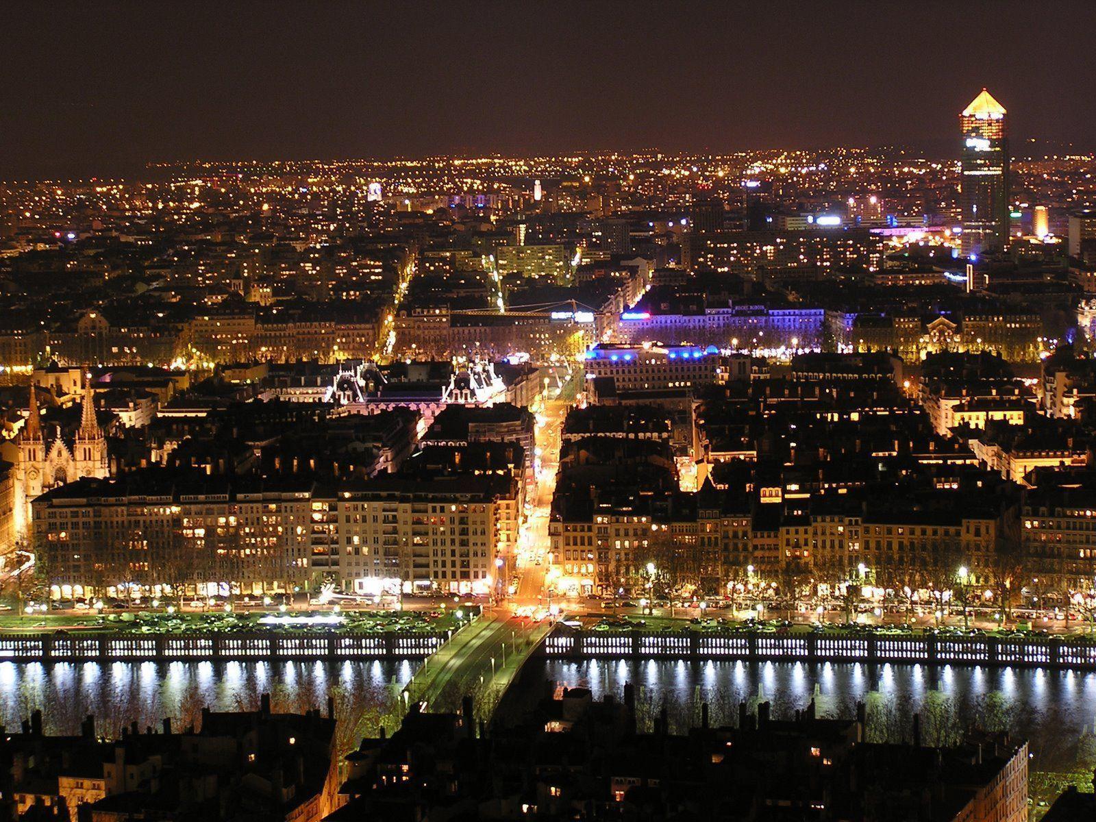 Night panorama of the city of Lyon, France wallpapers and Wallpaper