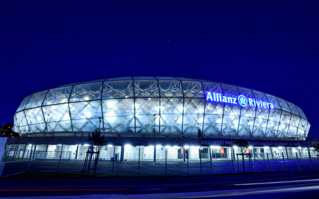 Download wallpapers Allianz Riviera, aerial view, k, night, french