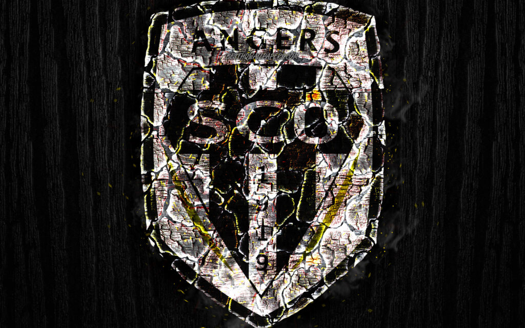 Download wallpapers Angers SCO, scorched logo, Ligue , black wooden