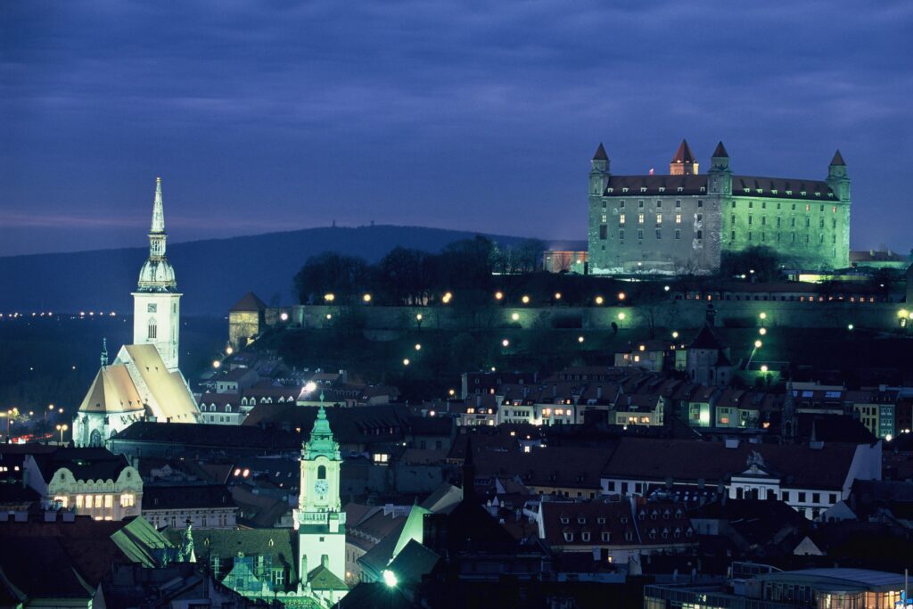 Cityscapes, night, lights, hills, buildings, Slovakia, capital