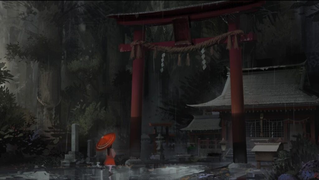 Japan, Touhou, rain, storm, shrine, umbrellas, torii gate Wallpapers