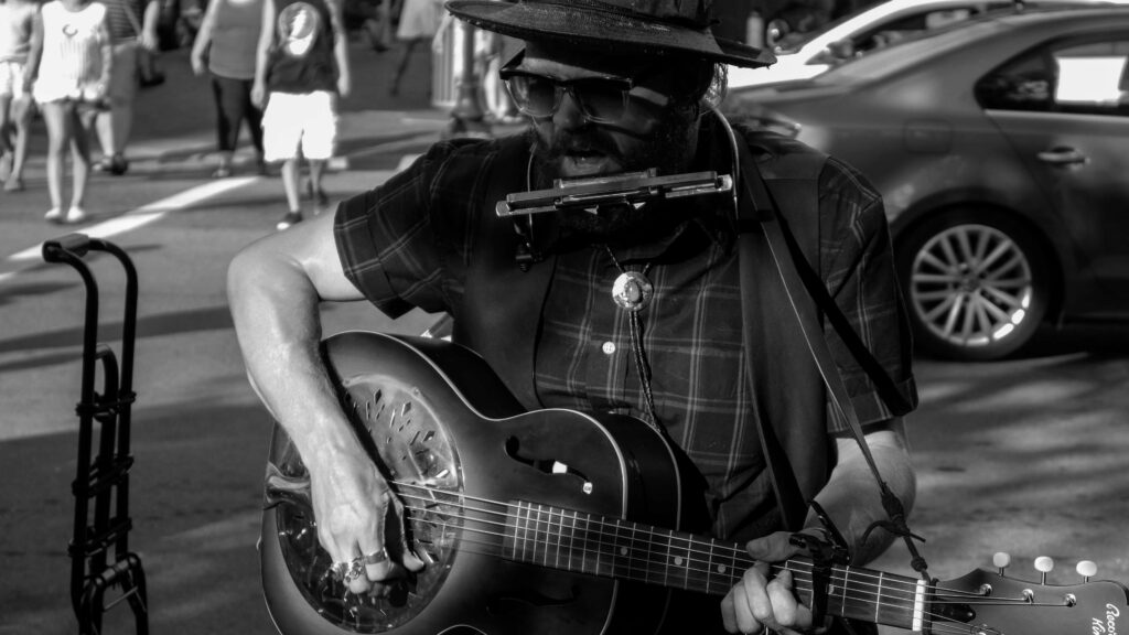 Asheville, black and white, city, glasses, guitar, guy, harmonica