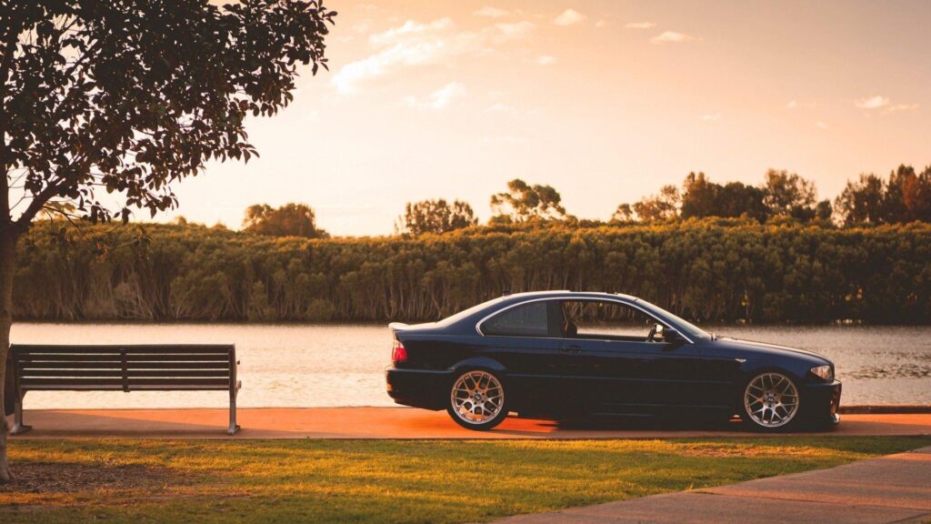 Car, Rims, River, Bench, E, BMW Wallpapers 2K | Desk 4K and Mobile