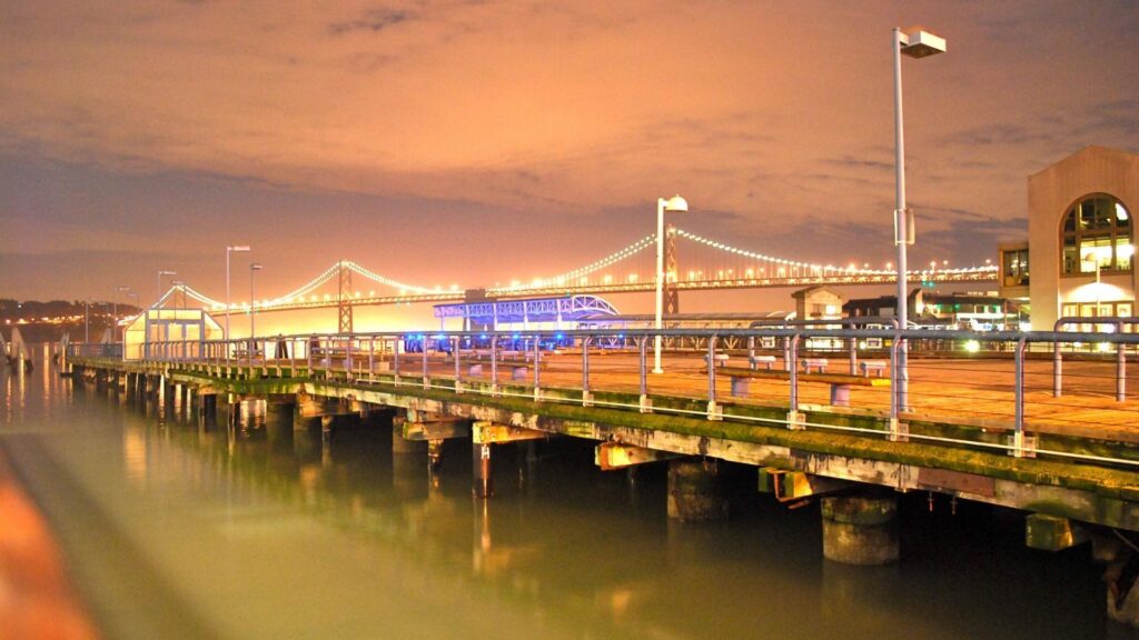 Oakland bay bridge from a pier in frisco wallpapers