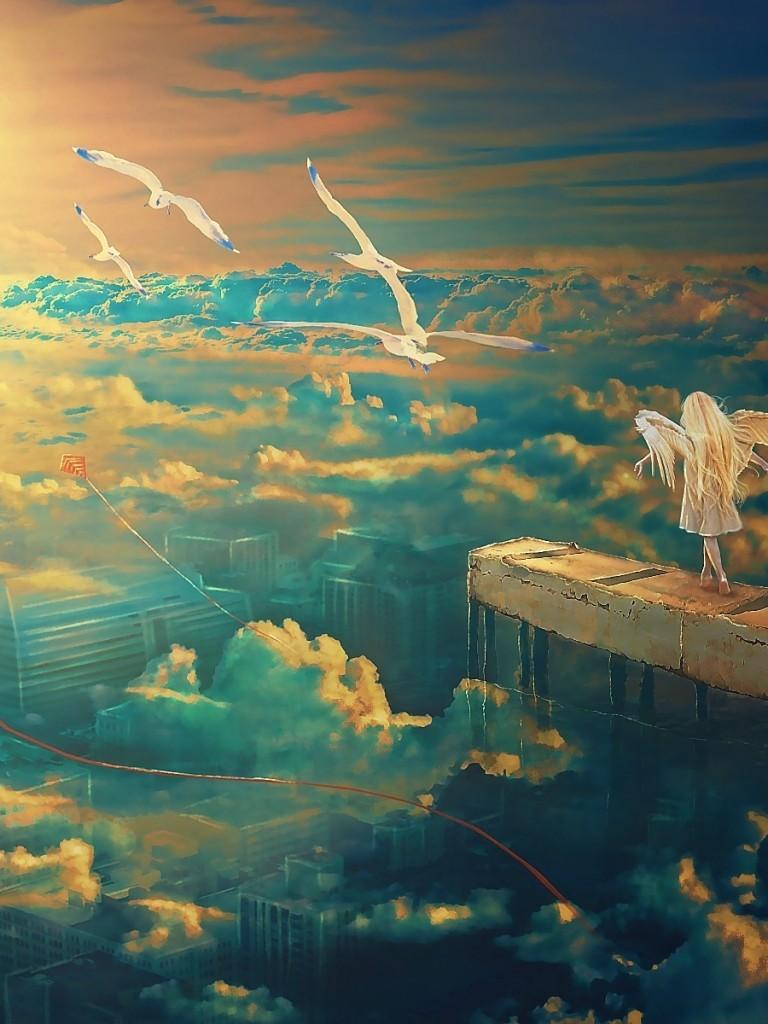 Download Angel, Cliff, Clouds, Birds, Wings, Fantasy Girl
