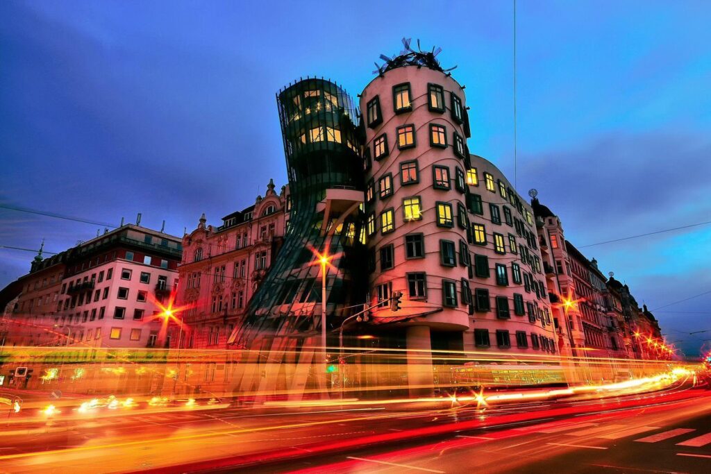 Czech republic town prague dancing house night lights extract HD