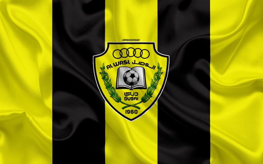 Download wallpapers Al Wasl FC, k, logo, yellow black silk flag
