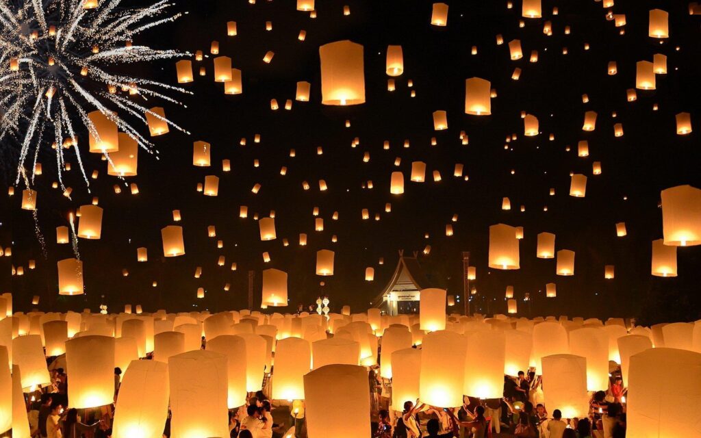 Floating lanterns loi krathong festival thailand 2K wallpapers
