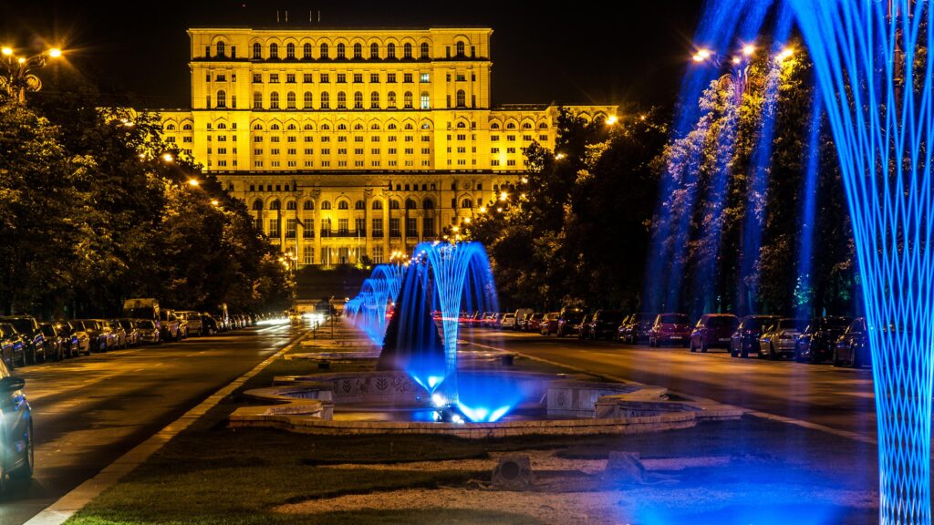 Wallpaper Romania Fountains Bucharest night time Cities Houses