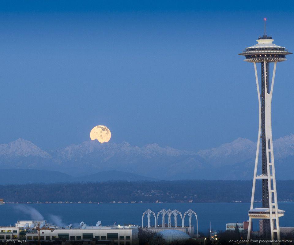 Download Full Moon And Seattle Space Needle Wallpapers For HTC Desire