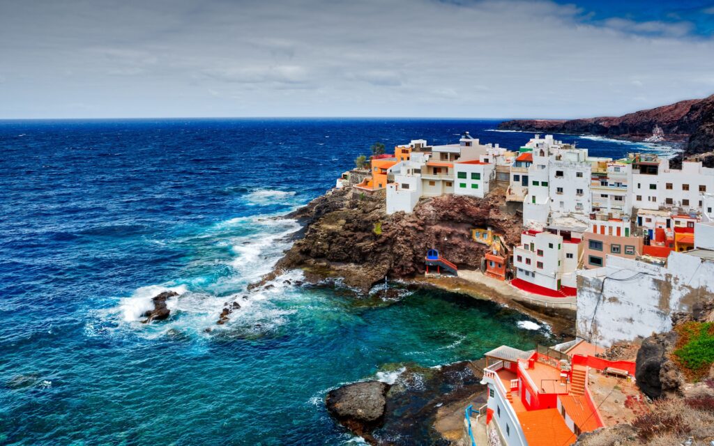 Wallpapers Spain, Canary Islands, ocean, rocks, cliffs, coast, houses