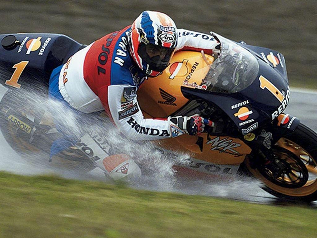 Mick Doohan in the wet on a gp machine