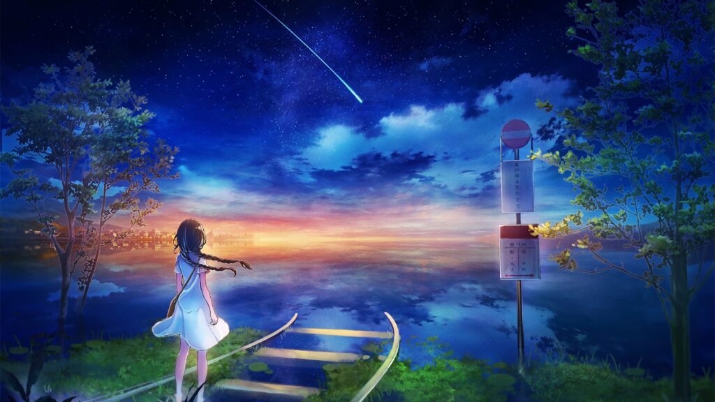 Download Anime Girl, Railway, Falling Star, Scenic, Sky