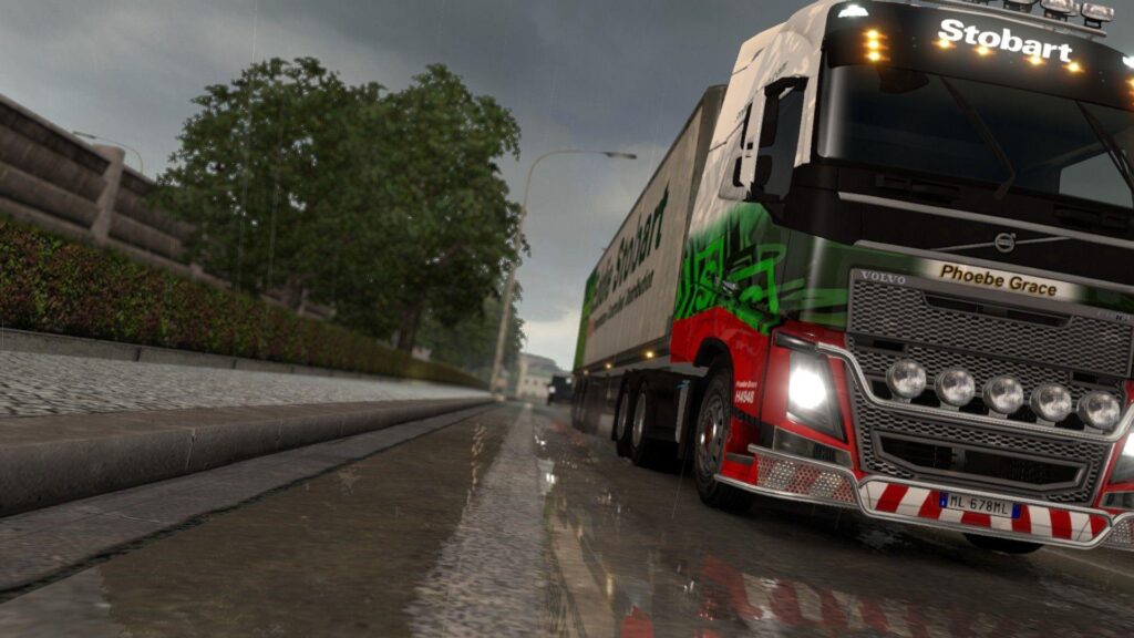 Euro truck simulator rain reflection truck lorry trees volvo fh
