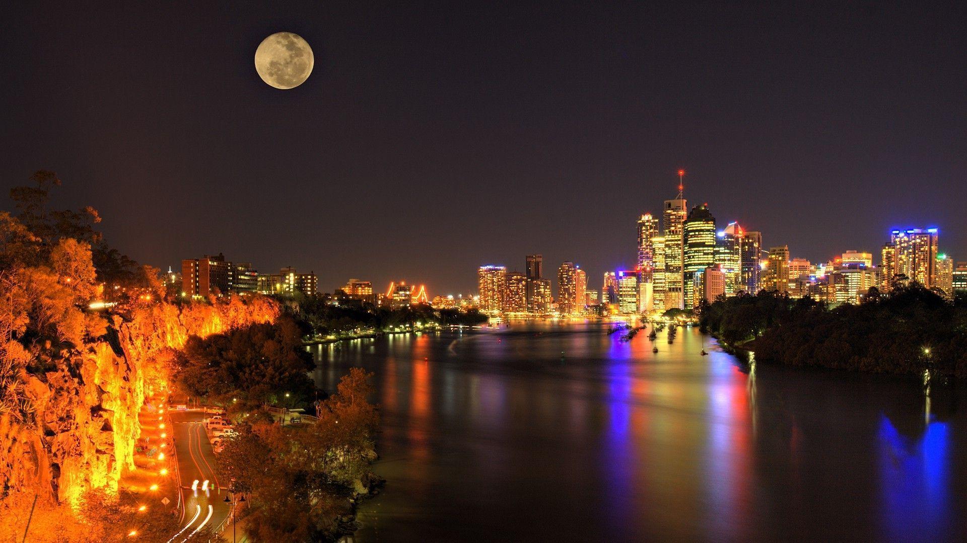 Cityscape, Lights, Building, Moon, River, Australia, Brisbane