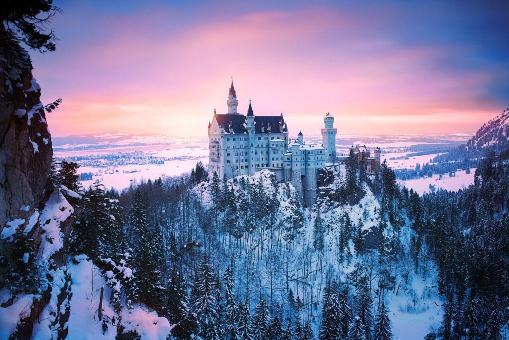 Germany bayern munich neuschwanstein castle winter snow light HD