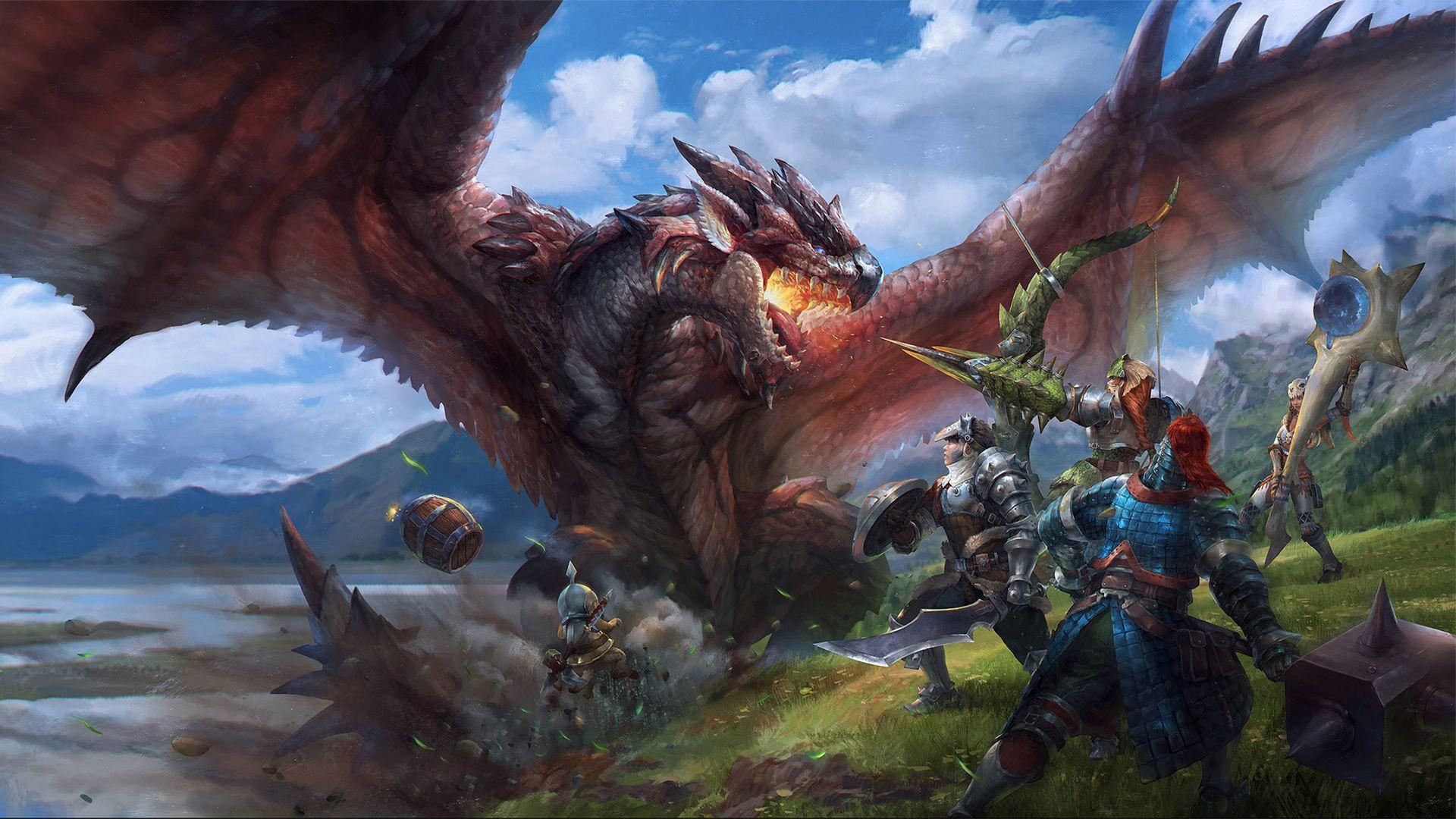 Group of hunters facing off against a dragon Wallpapers from Monster