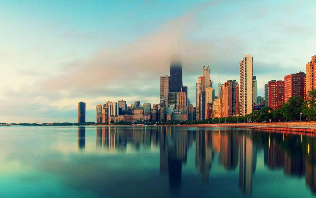 Chicago, Illinois, city skyscrapers, water, fog Wallpapers
