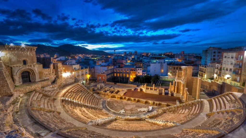 Wallpapers clouds, roman theater, night, lights, ruins, Cartagena