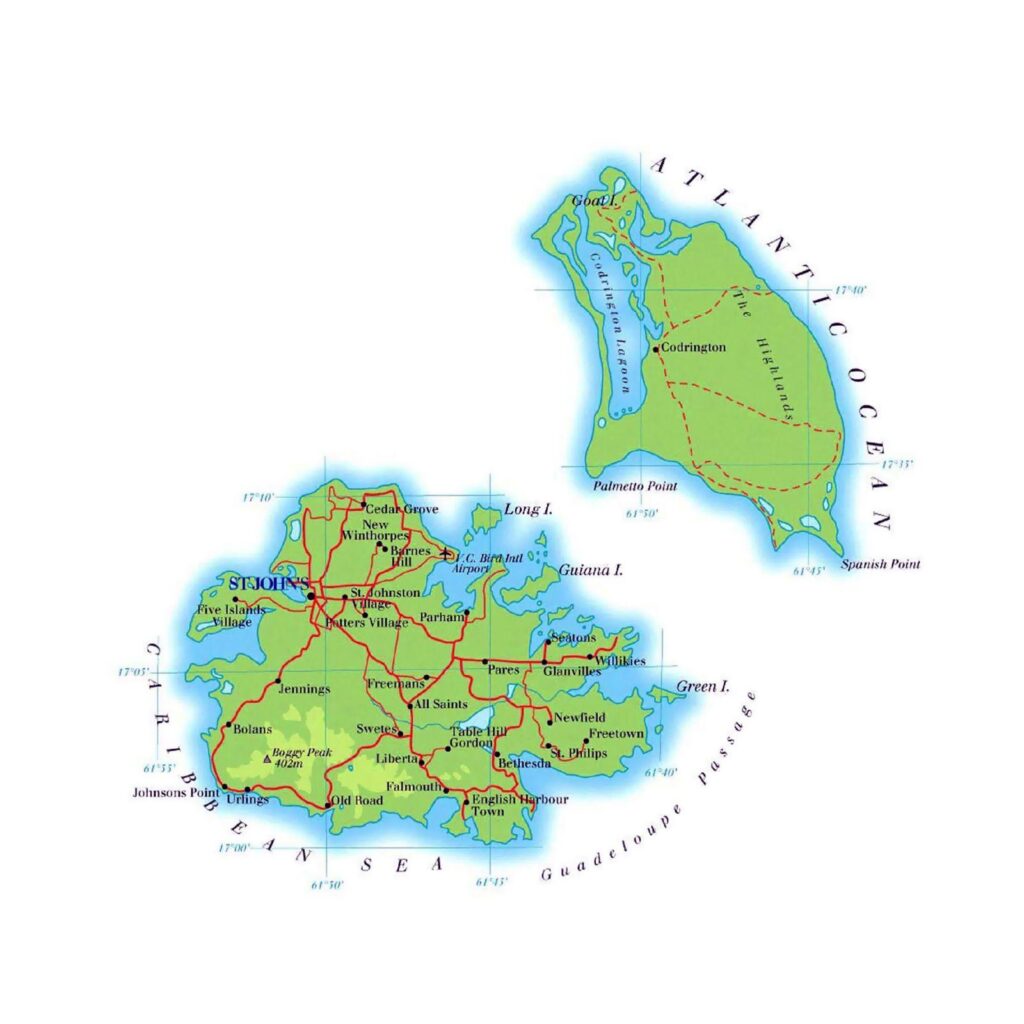 Detailed road map of Antigua and Barbuda Antigua and Barbuda
