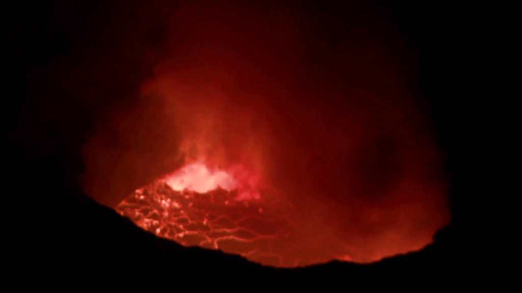 The Nyiragongo volcano erupts at night in the Democratic Republic of