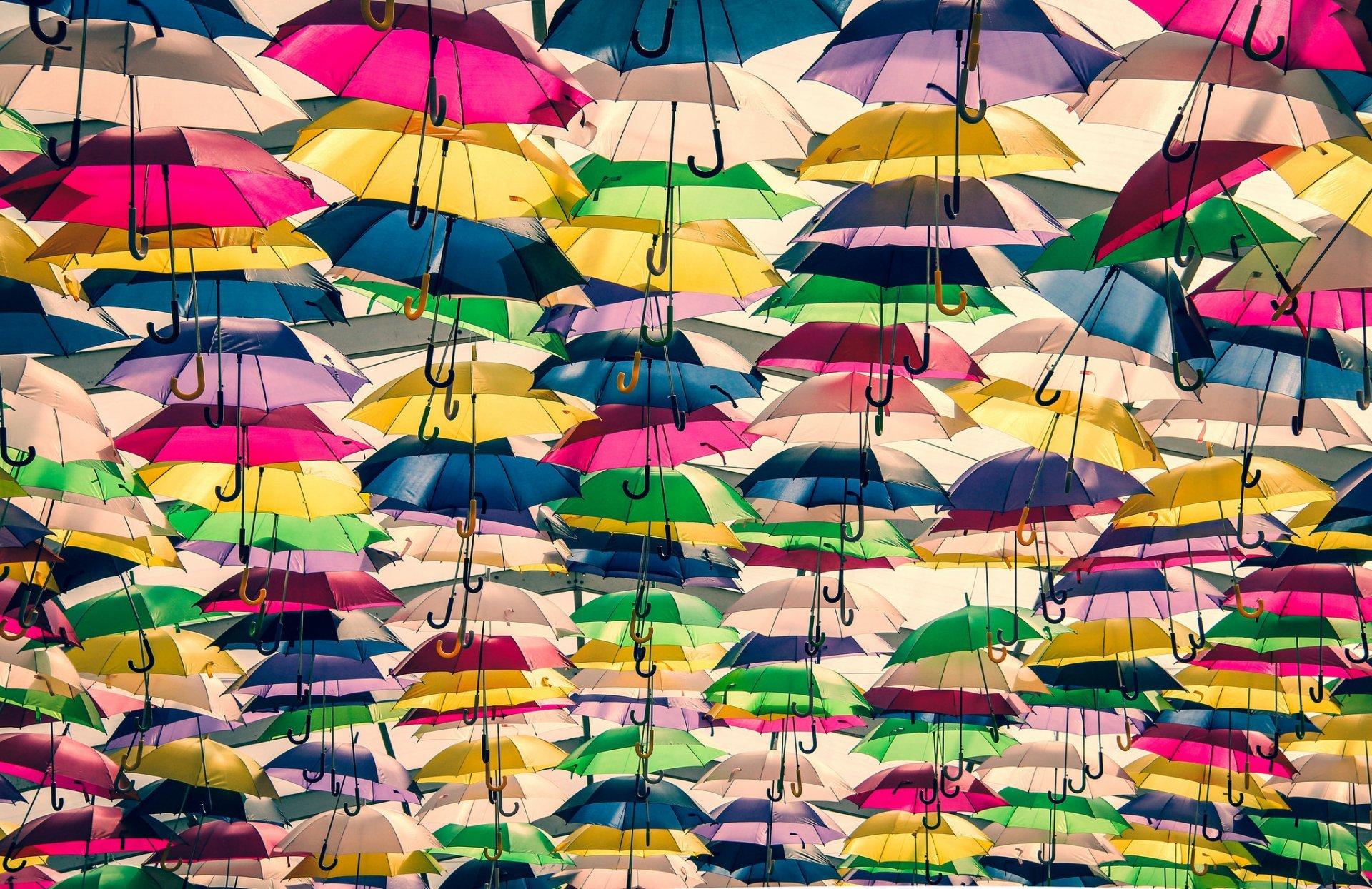 Umbrellas colored many backgrounds 2K wallpapers