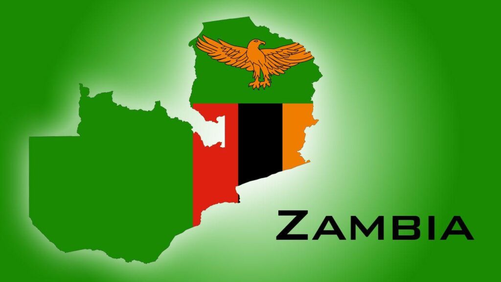 The Map of Zambia and the national colors and symbol of its flag