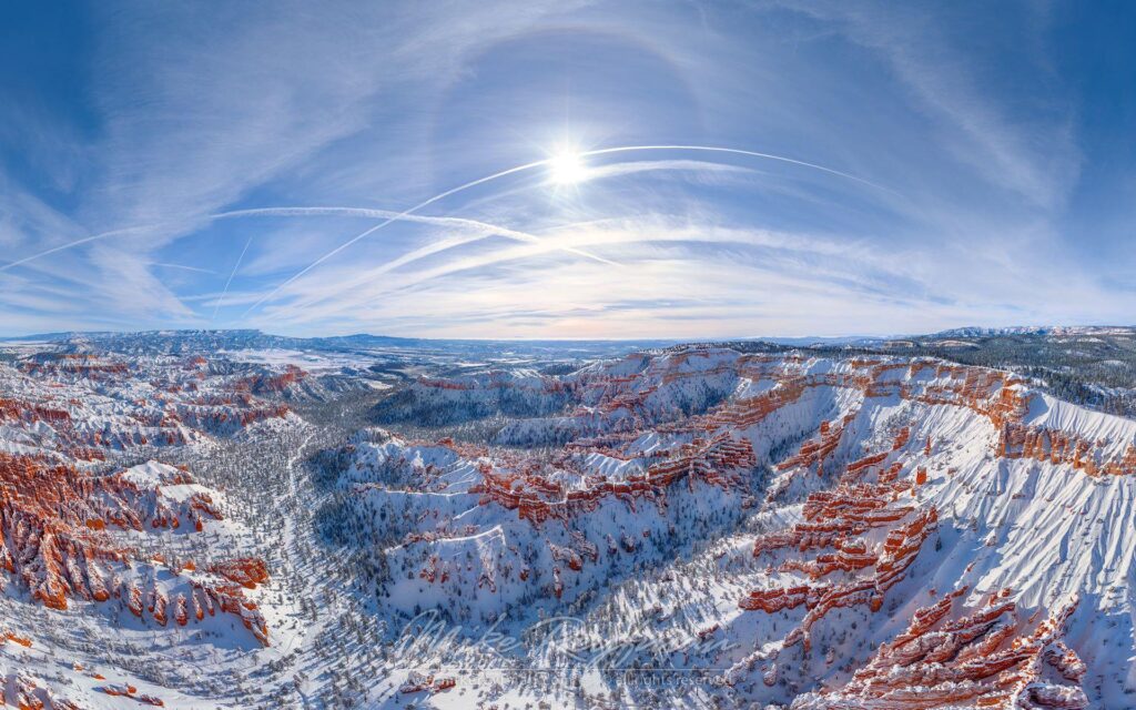 Sun Halo Over Bryce Canyon Aerial panoramic view towards Sunset