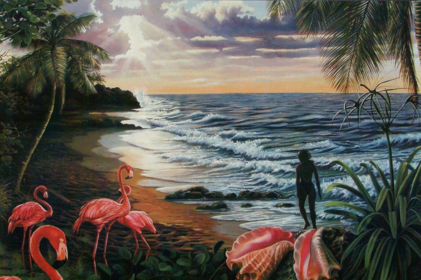 Beach Art Flamingos Trees Shells Palm Bahama Nassau Bahamas Beach