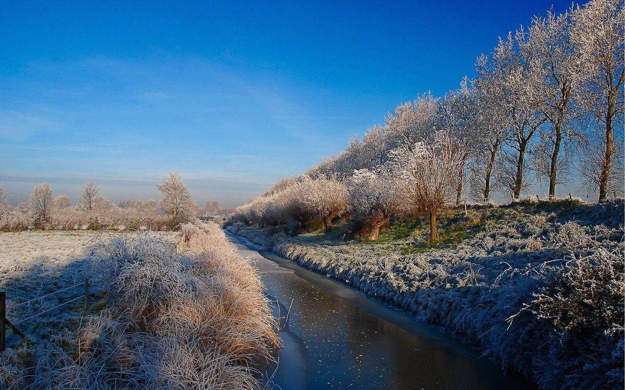 Winter Winter Latvia Fields Channel Water Trees Landscape p