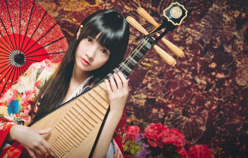 Wallpapers look, girl, umbrella, Asian, musical instrument, lute