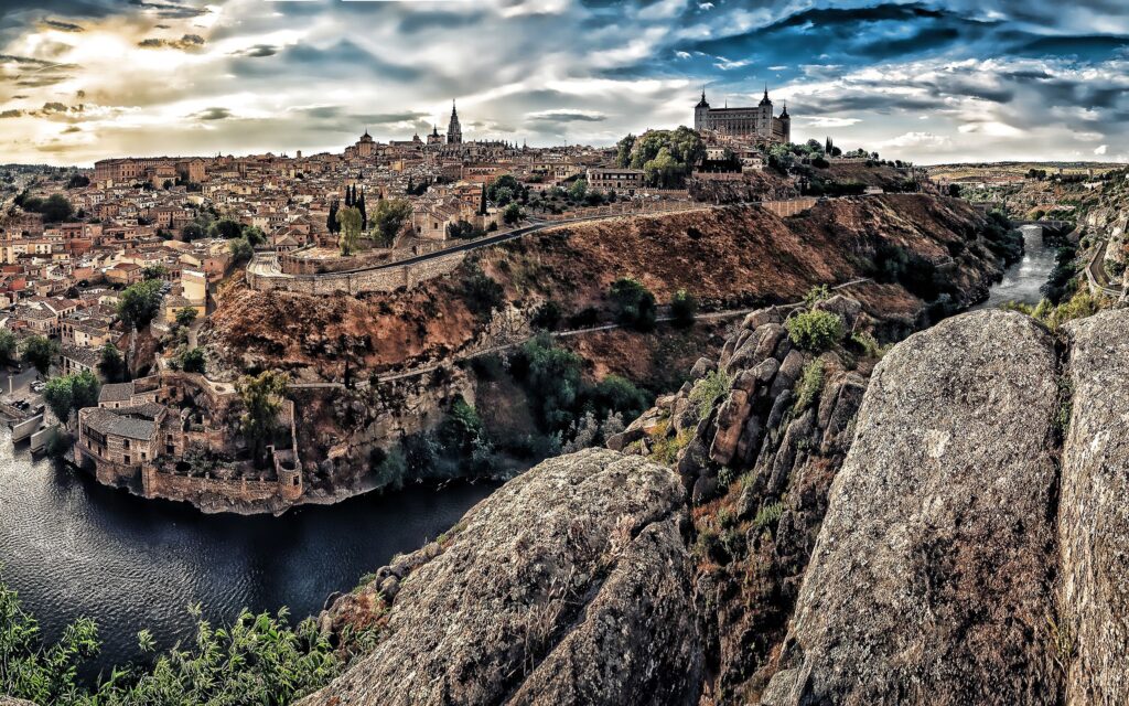 Download wallpapers Toledo, HDR, sunset, river, Toledo Castle, Spain