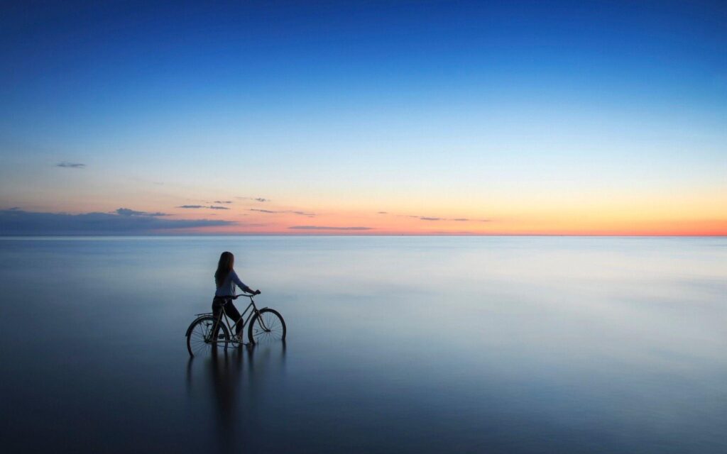 Women outdoors, Sea, Bicycle, Latvia, Sunset Wallpapers HD