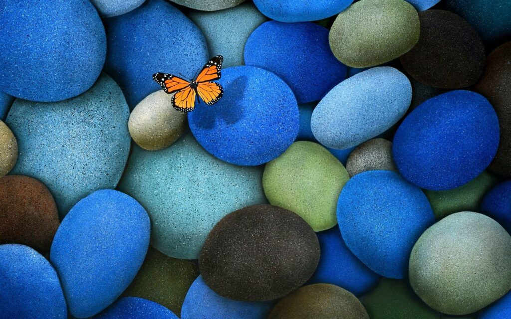 Orange butterfly on blue, green and black pebble illustration HD
