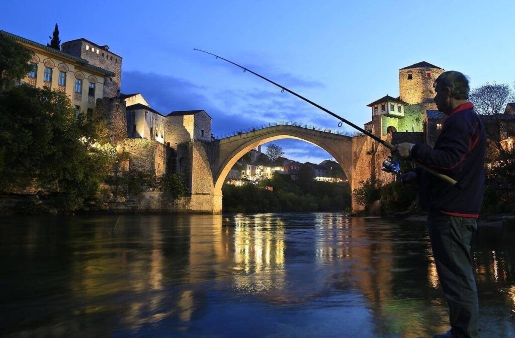 Mostar, Bosnia And Herzegovina, Fishing, Old Bridge, Night