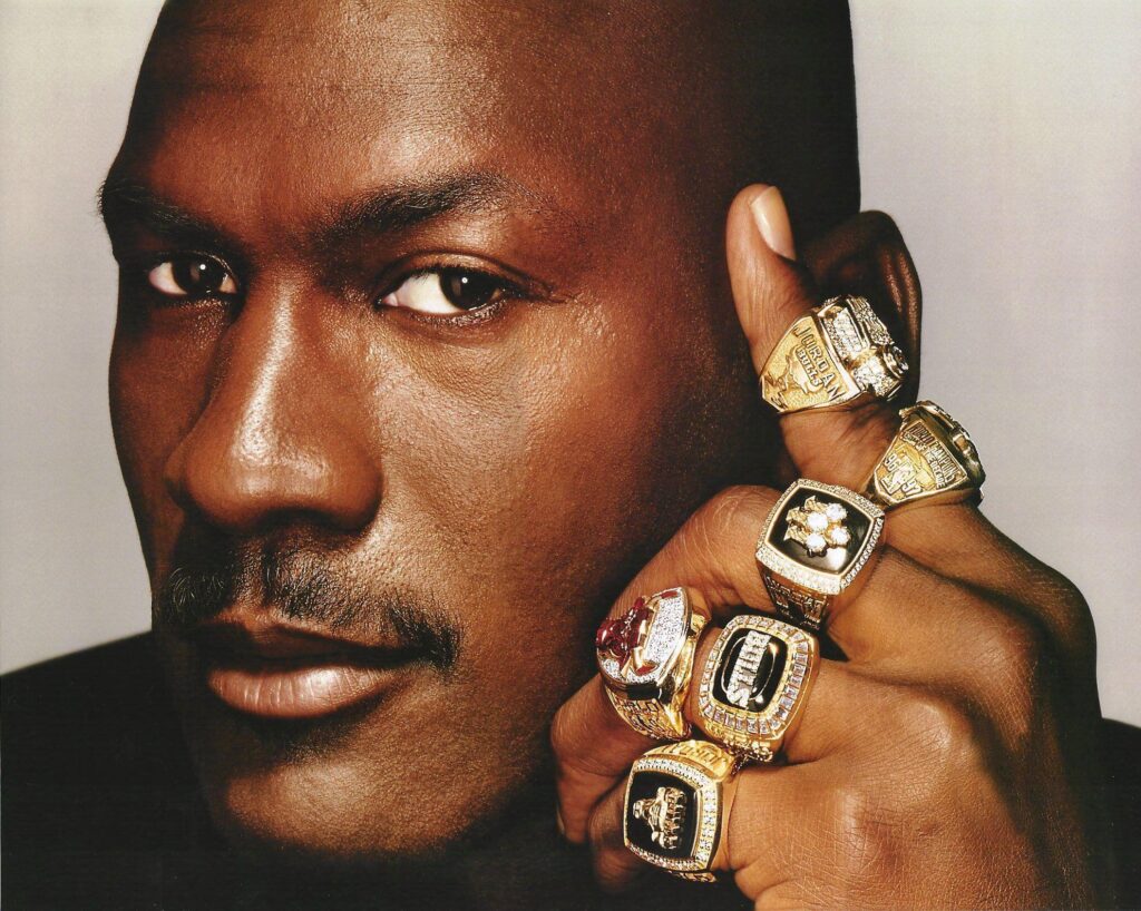 NBA Basketball Michael Jordan with all of his championship rings