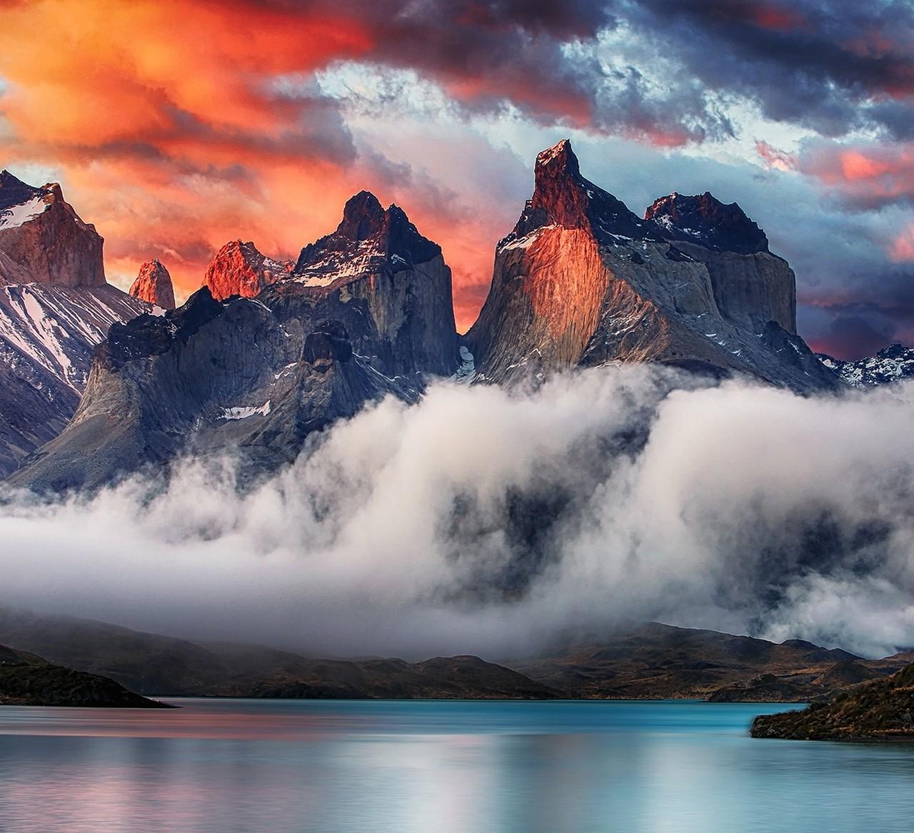 Mountain, Torres Del Paine, Patagonia, Chile, Sunrise, Clouds, Lake