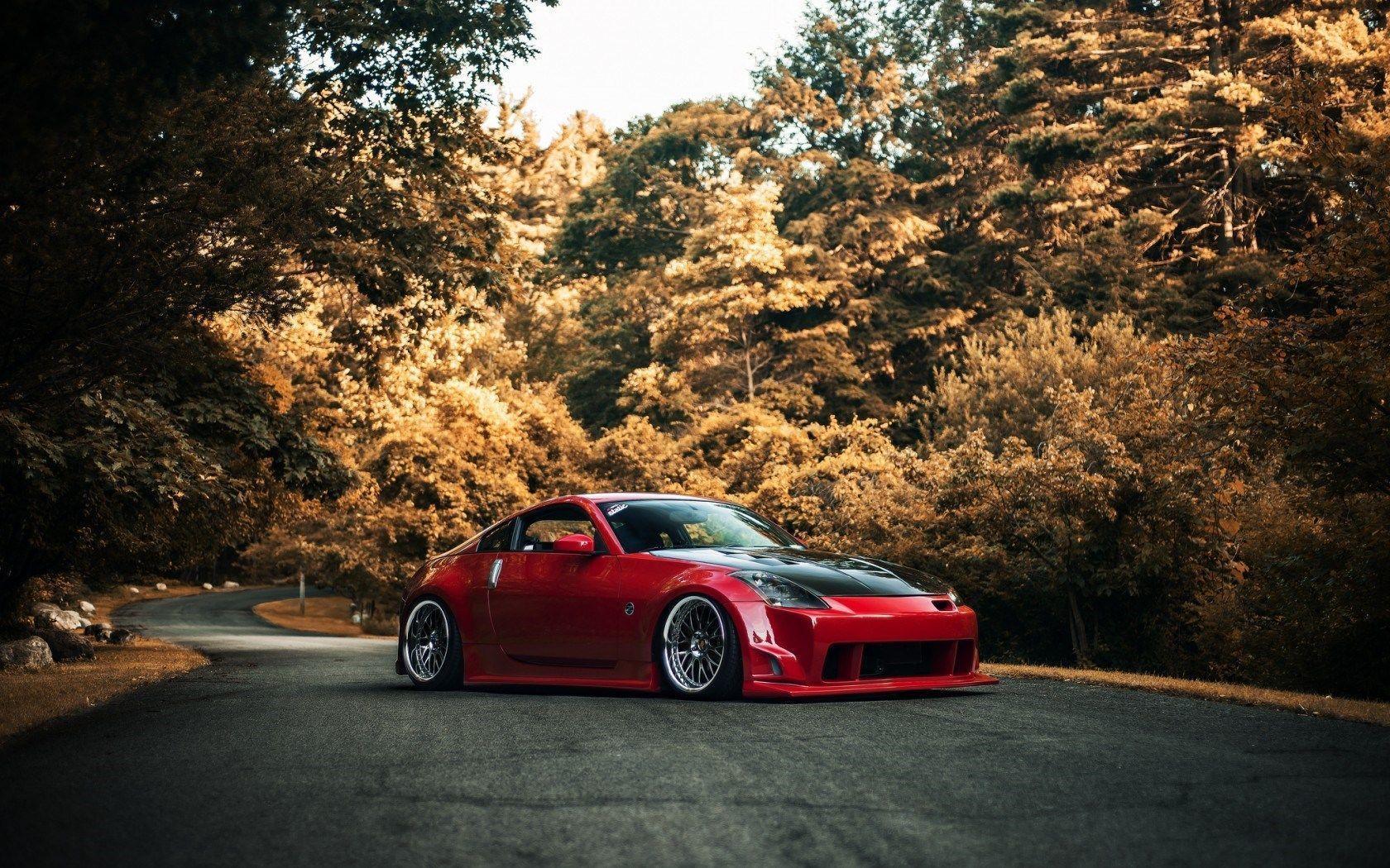 Red Nissan z Car Tuning Fall Forest Street 2K Wallpapers