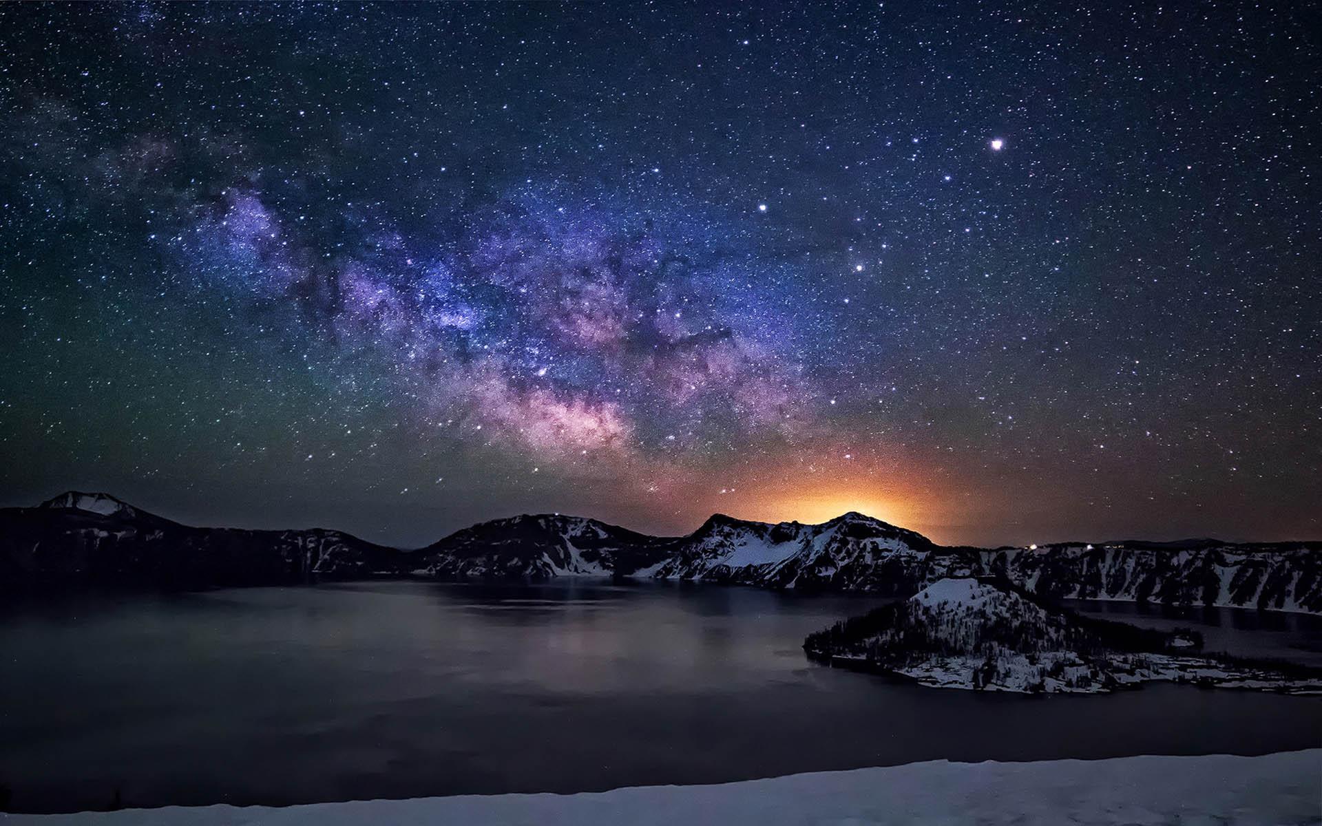 Crater Lake Night Sky With Star Milkyway Desk 4K Wallpapers Hd