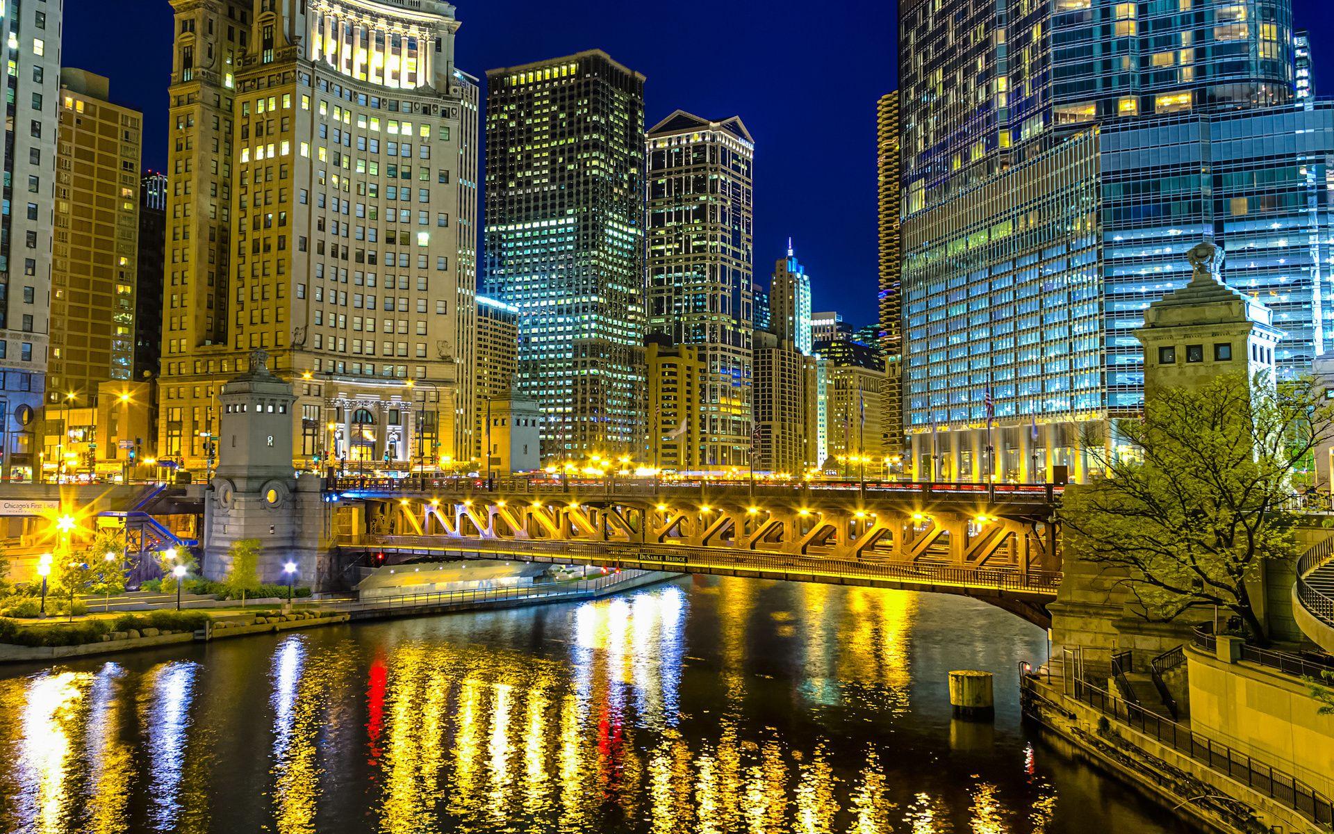 Chicago Illinois architecture buildings skyscraper night lights