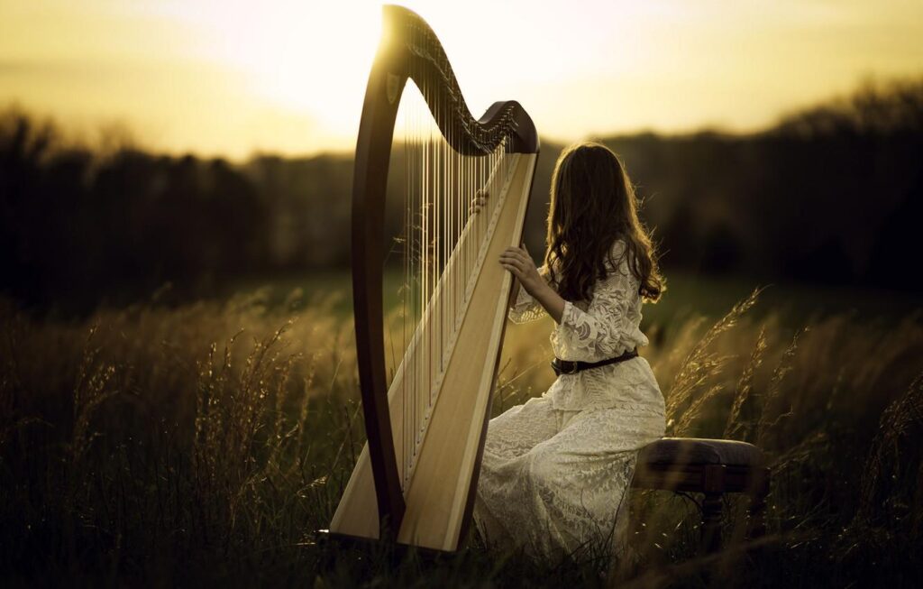 Wallpapers girl, light, harp Wallpaper for desktop, section музыка