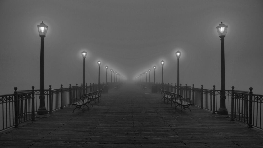 Black And Wallpapers Black, And, White, Fog, Pier, Lamps