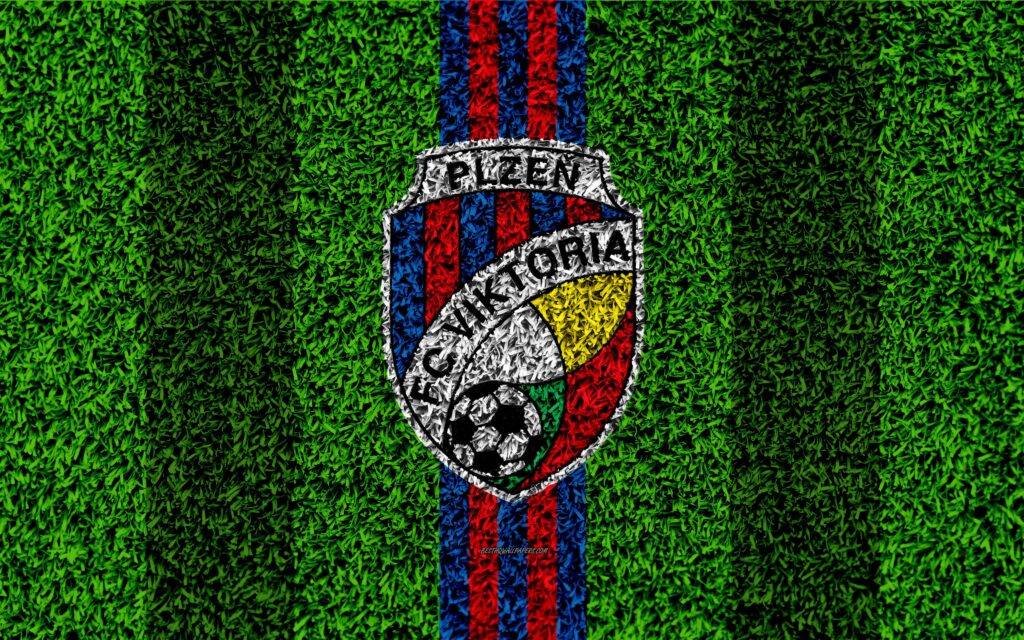 Download wallpapers FC Viktoria Plzen, k, logo, football lawn, blue