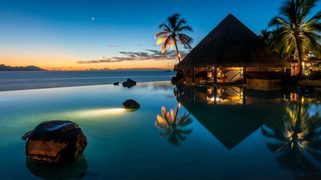 Bar beach blue French Polynesia landscape Lights Moon nature Palm