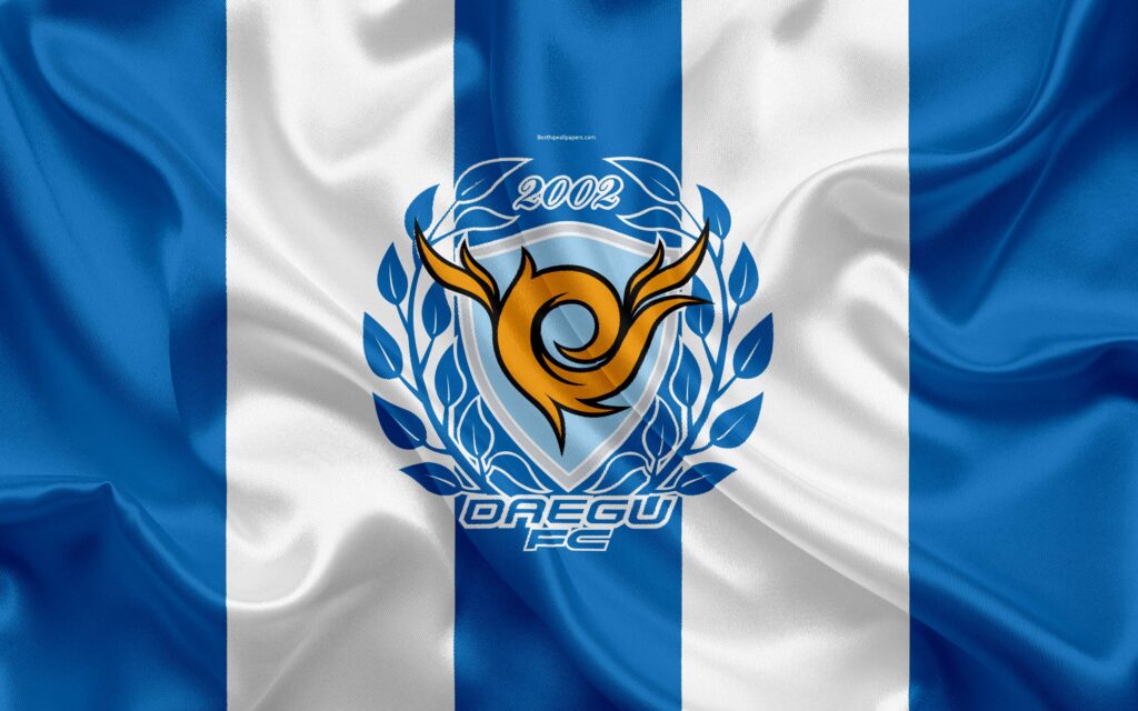 Download wallpapers Daegu FC, silk flag, k, logo, emblem, blue silk