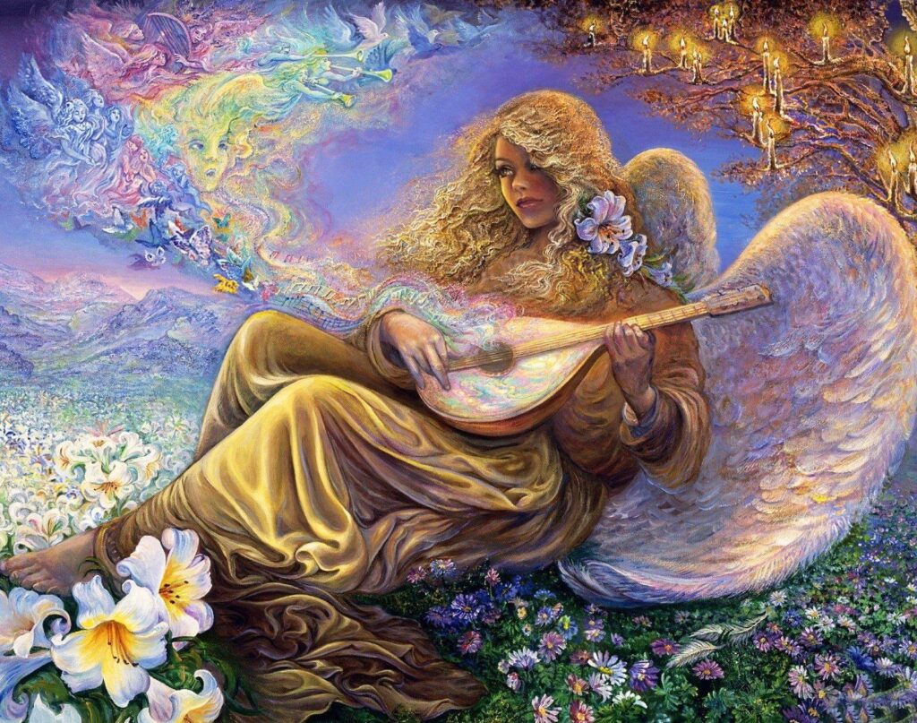 Angel playing Lute in Flower Field Wallpapers and Backgrounds Wallpaper
